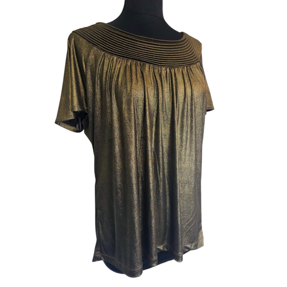 Dana Buchman Metallic Gold Scoop Neck Pleated Glam Shimmering Top Women's Size L
